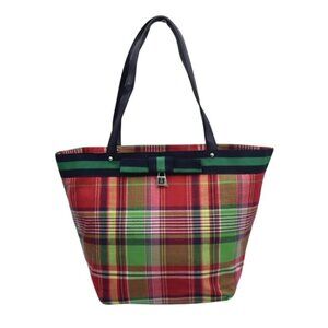 Tommy Hilfiger Plaid Tote Bag Bow Accent Navy Handles